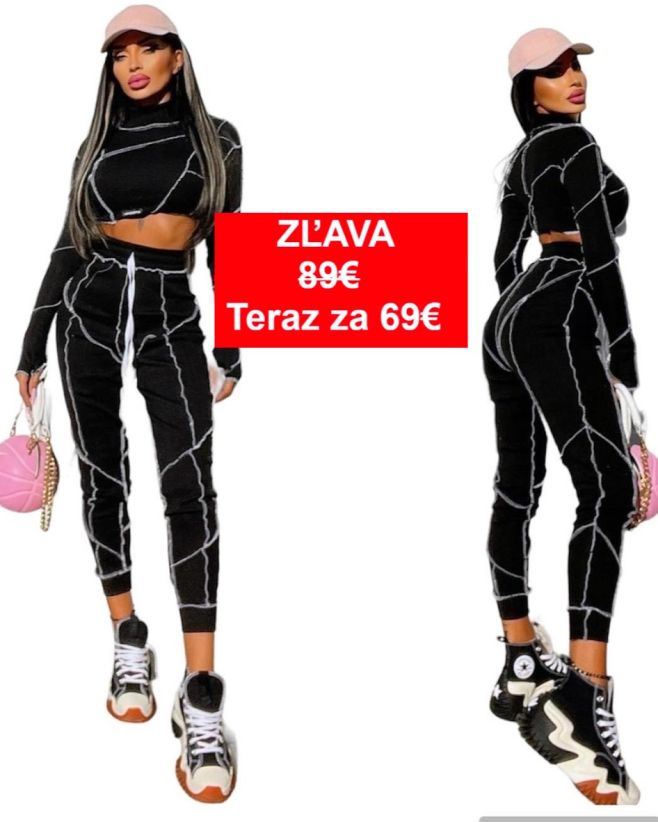 ZĽAVA 69€🔥🔥 Moderný čierny prešívaný komplet 🖤z elastického materiálu. Nohavice s vysokým pásom, so zaväzovaním na šnúrku....