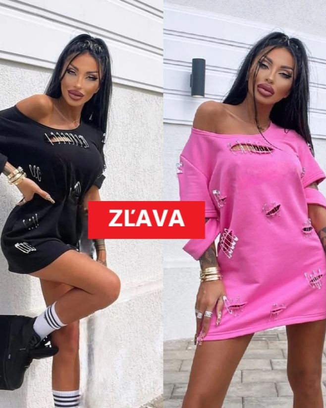 Čierne🖤 alebo ružové? 🩷😉 Trendy potrhané šaty s opaskom ozvláštnené striebornými zicherkami ✨✨ktoré dodajú vášmu outfitu...