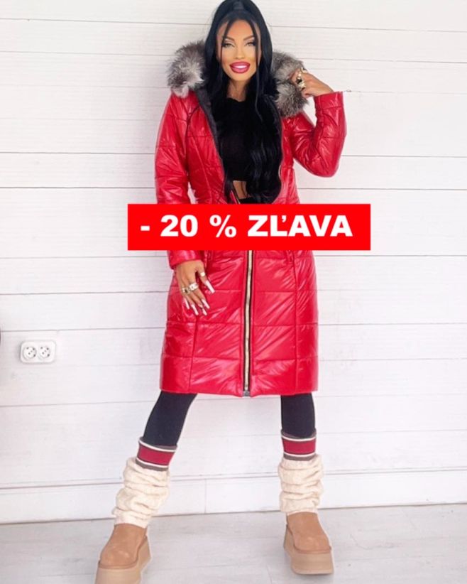 ZĽAVA - 20 %💖 Krásna dlhá ✨metalická zimná bunda❄️ s kapucňou v červenej a čiernej farbe. Teraz za akciovú cenu 87€....